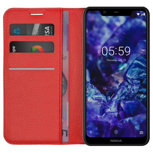 Leather Wallet Case & Card Holder Pouch for Nokia 5.1 Plus - Red